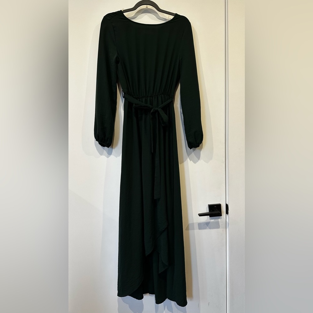 Green, faux wrap maxi dress. Evergreen